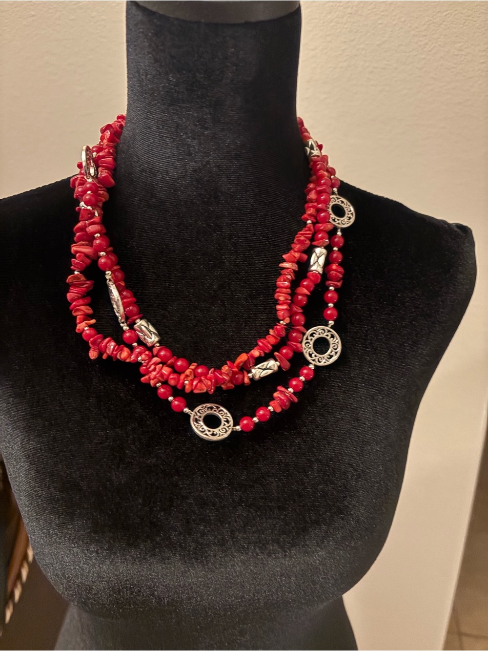 Red Beaded Multi-Strand Necklace with Silver Accents - Women Jewelry